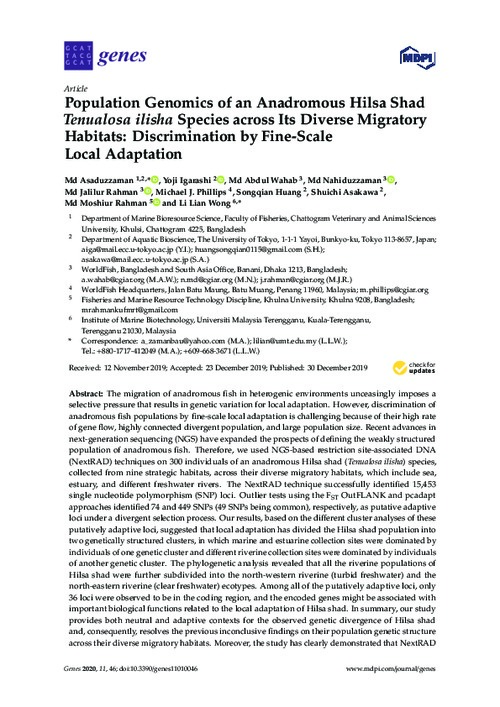 Population genomics of an anadromous Hilsa Shad Tenualosa ilisha species across its diverse migratory habitats: Discrimination by fine-scale local adaptation