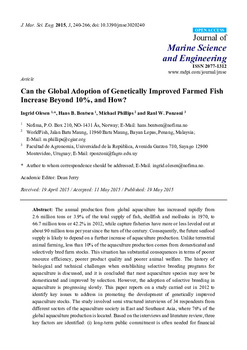 Can the global adoption of genetically improved farmed fish increase beyond 10%, and how?