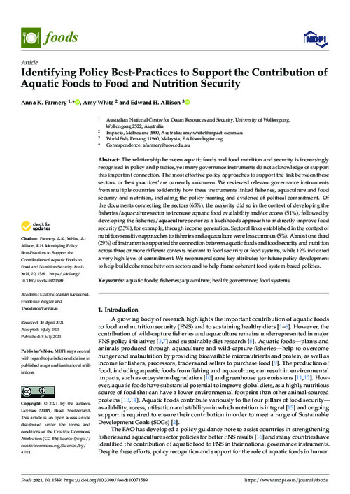 Identifying Policy Best-Practices to Support the Contribution of Aquatic Foods to Food and Nutrition Security