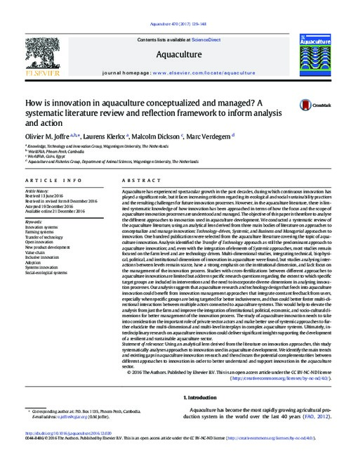 How is innovation in aquaculture conceptualized and managed? A systematic literature review and reflection framework to inform analysis and action
