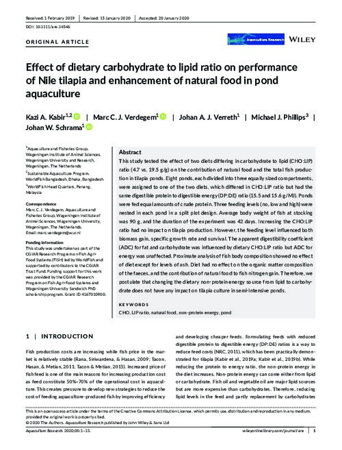Effect of dietary carbohydrate to lipid ratio on performance of Nile tilapia and enhancement of natural food in pond aquaculture