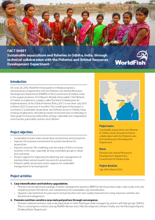 Sustainable aquaculture and fisheries in Odisha, India, through technical collaboration with the Fisheries and Animal Resources Development Department