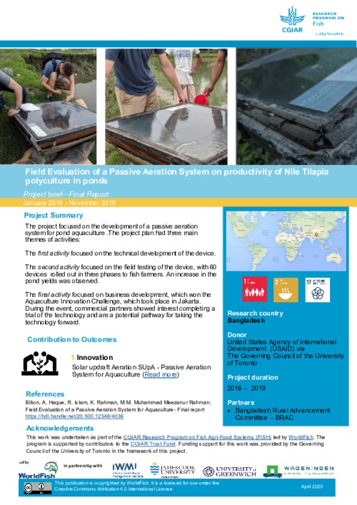 Field Evaluation of a Passive Aeration System on productivity of Nile Tilapia polyculture in ponds: Project Brief - Final Report January 2016 to November 2019