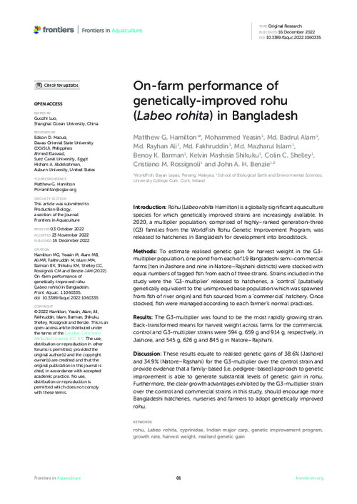 On-farm performance of genetically-improved rohu (Labeo rohita) in Bangladesh