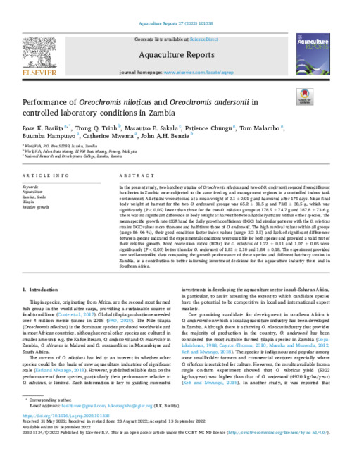 Performance of Oreochromis niloticus and Oreochromis andersonii in controlled laboratory conditions in Zambia