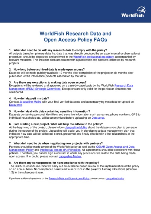 WorldFish Research Data and Open Access Policy FAQs