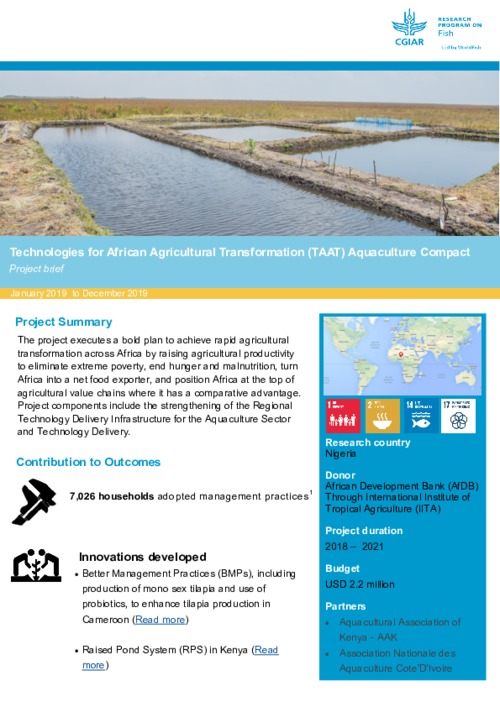 Technologies for African Agricultural Transformation (TAAT) Aquaculture Compact. Project brief January 2019 to December 2019