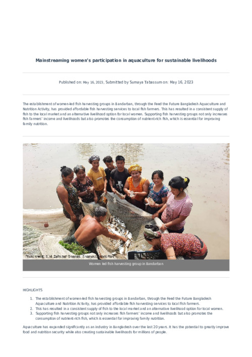 Mainstreaming women’s participation in aquaculture for sustainable livelihoods