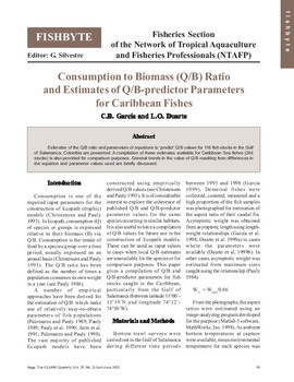 Consumption to biomass (Q/B) ratio and estimates of Q/B-predictor parameters for Caribbean fishes