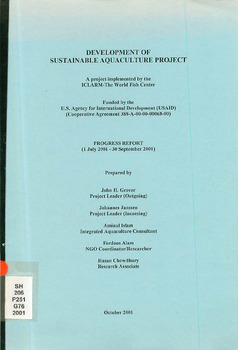 Development of sustainable aquaculture project: progress report (1 July 2001 - 30 Sept 2001)