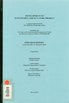Development of sustainable aquaculture project: progress report (1 October 2001 - 31 December 2001)