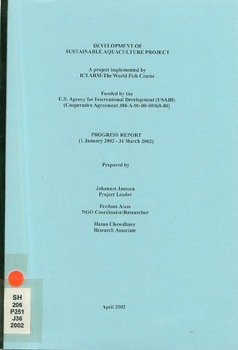 Development of sustainable aquaculture project: progress report (1 April 2002 - 30 June 2002)