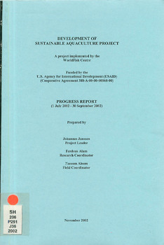 Development of sustainable aquaculture project: progress report (1 July 2002 - 30 September 2002)