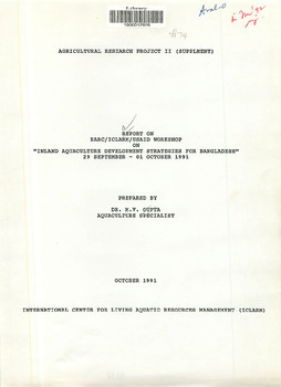 Report on BARC/ICLARM/USAID Workshop on "Inland Aquaculture Development Strategies for Bangladesh", 29 September - 01 October 1991