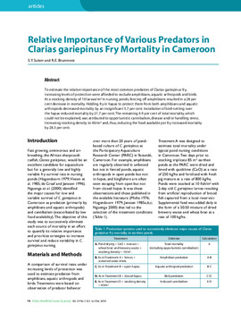 Relative Importance of Various Predators in Clarias gariepinus Fry Mortality in Cameroon