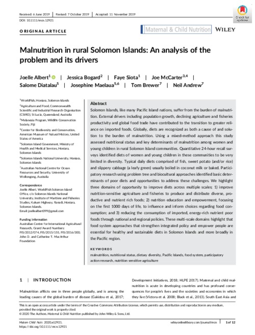 Malnutrition in rural Solomon Islands: An analysis of the problem and its drivers