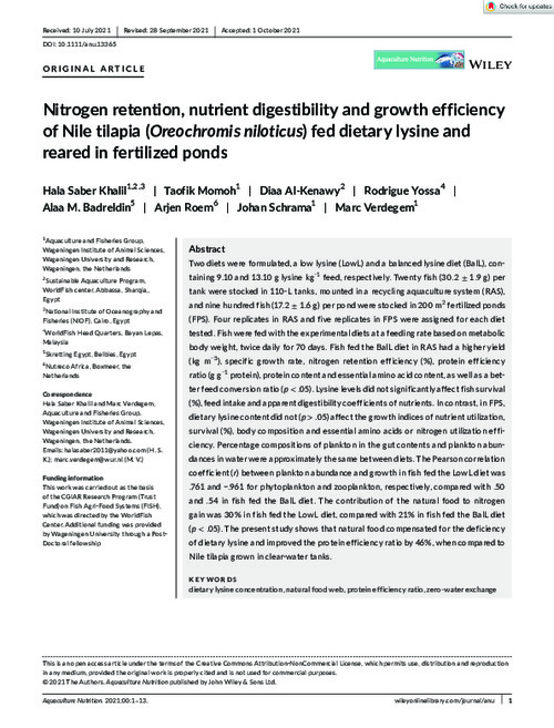 Nitrogen retention, nutrient digestibility and growth efficiency of Nile tilapia (Oreochromis niloticus) fed dietary lysine and reared in fertilized ponds