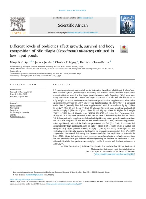 Different levels of probiotics affect growth, survival and body composition of Nile tilapia (Oreochromis niloticus) cultured in low input ponds