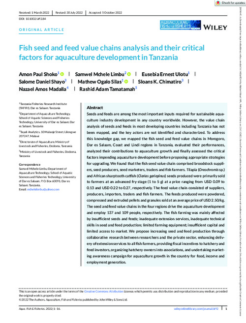Fish seed and feed value chains analysis and their critical factors for aquaculture development in Tanzania