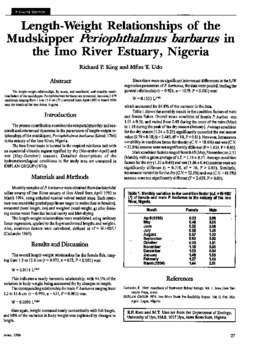 Length-weight relationships of the mudskipper Periopthalmus barbarus in the Imo River estuary, Nigeria