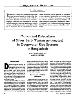 Mono-and polyculture of silver barb (Puntius gonionotus) in deepwater rice systems in Bangladesh