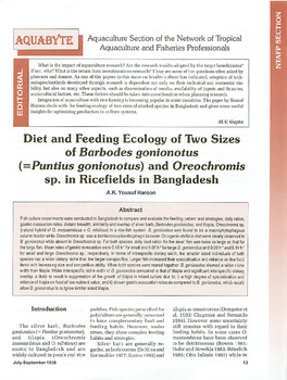 Diet and feeding ecology of two sizes of Barbodes gonionotus (=Puntius gonionotus) and Oreochromis sp. in ricefields in Bangladesh