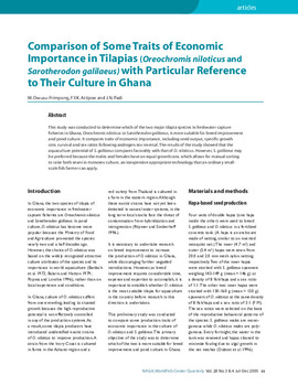 Comparison of some traits of economic importance in tilapias (Orechromis niloticus and Sarotherodon galilaeus) with particular reference to their culture in Ghana