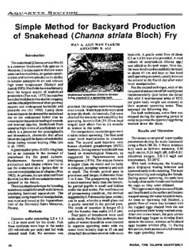 Simple method for backyard production of snakehead (Channa striata Bloch) fry