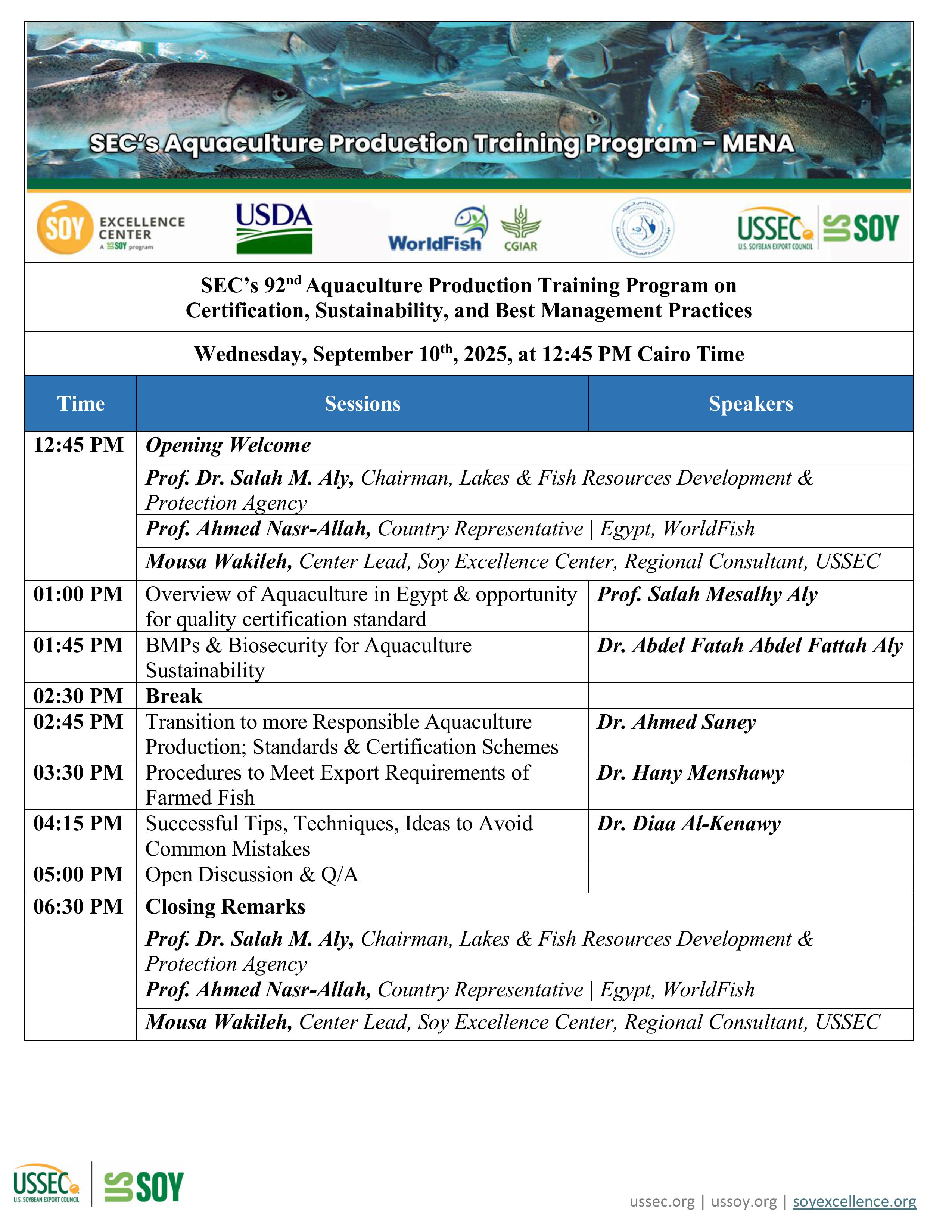 SEC’s 92nd Aquaculture Production Training Program Certification, Sustainability, and Best Management Practices – MENA