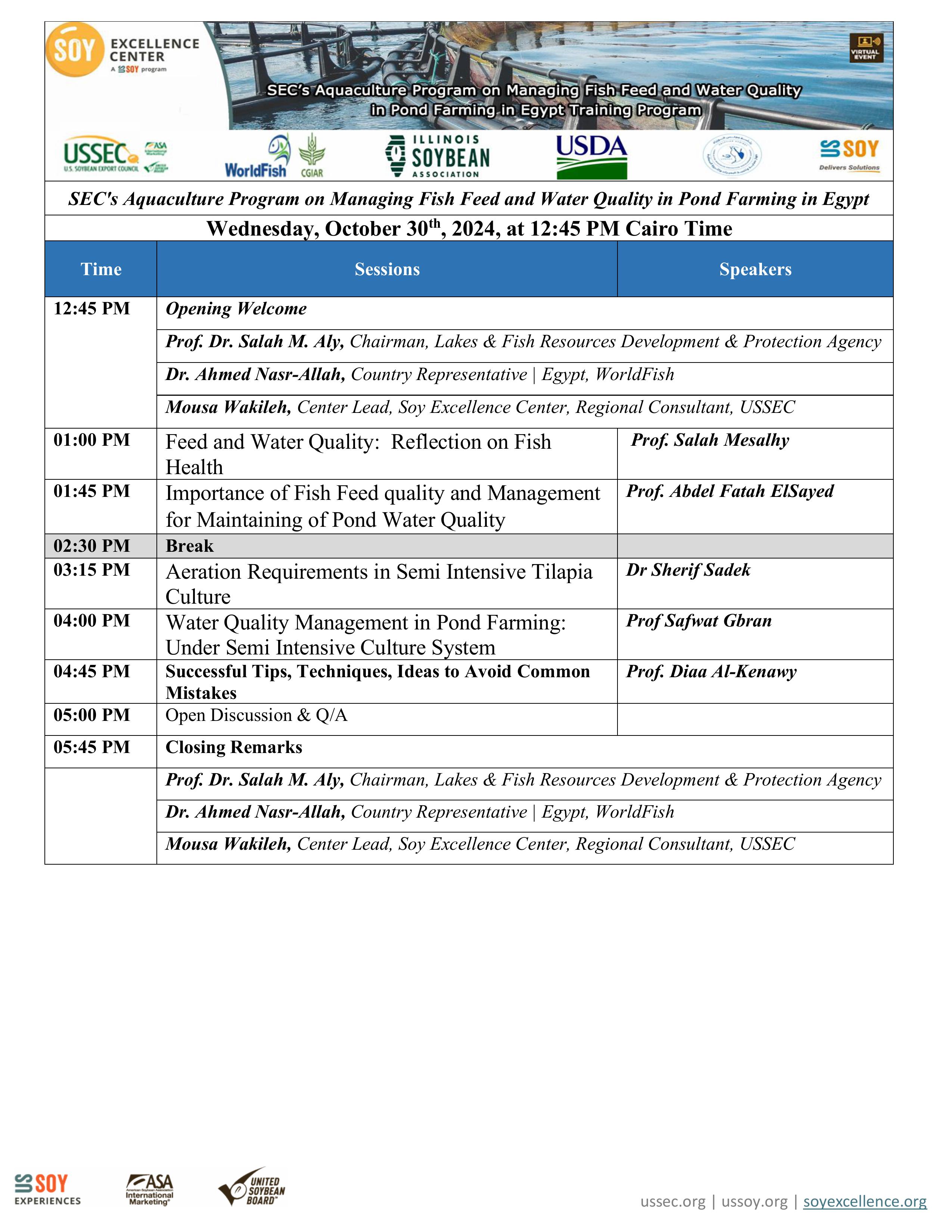 SEC Training Program: SEC’s 78th Aquaculture Program on Managing fish feed and Water Quality in Pond Farming in Egypt