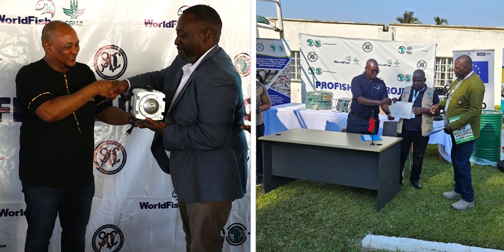 Left: SADC hands over equipment to the Zambian Government - Photo Agness Chileya WorldFish. Right: Dr Victor Siamudaala presenting the handover certificate to the Malawian Government - Photo Yvonne Mwanza WorldFish.