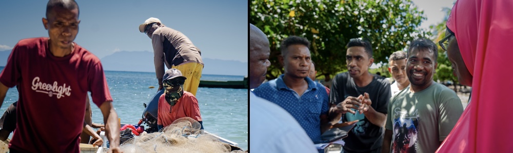 Left - Fishers unloading their catch at Beacou fish landing site in Timor-Leste. Right - Discussing the Peskas monitoring system for small–scale fisheries during a visit to the fish landing site in Beacou village.