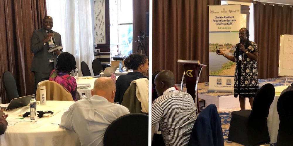 Left: Rodrigue Yossa, Director of Aquatic Food Biosciences at WorldFish, giving opening remarks. Right: Suzanne Kuria of AWFISHNET explaining their approach to capacity building and market access for women.