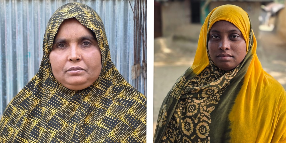 Left: Amena Begum from Mostakpara. Right: Fatema Begum from Deilpara village. Through community cooking sessions, both women learned how to prepare seaweed and green mussels and now include them in meals at home.