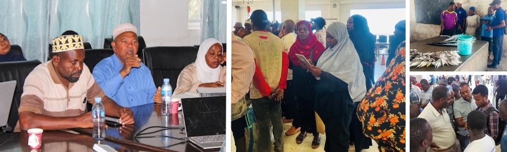 Left: Dialogue between fishers and government representatives at a Fishers’ Forum meeting. Right: Fisheries enumerators collect and upload catch data in real time using Peskas.