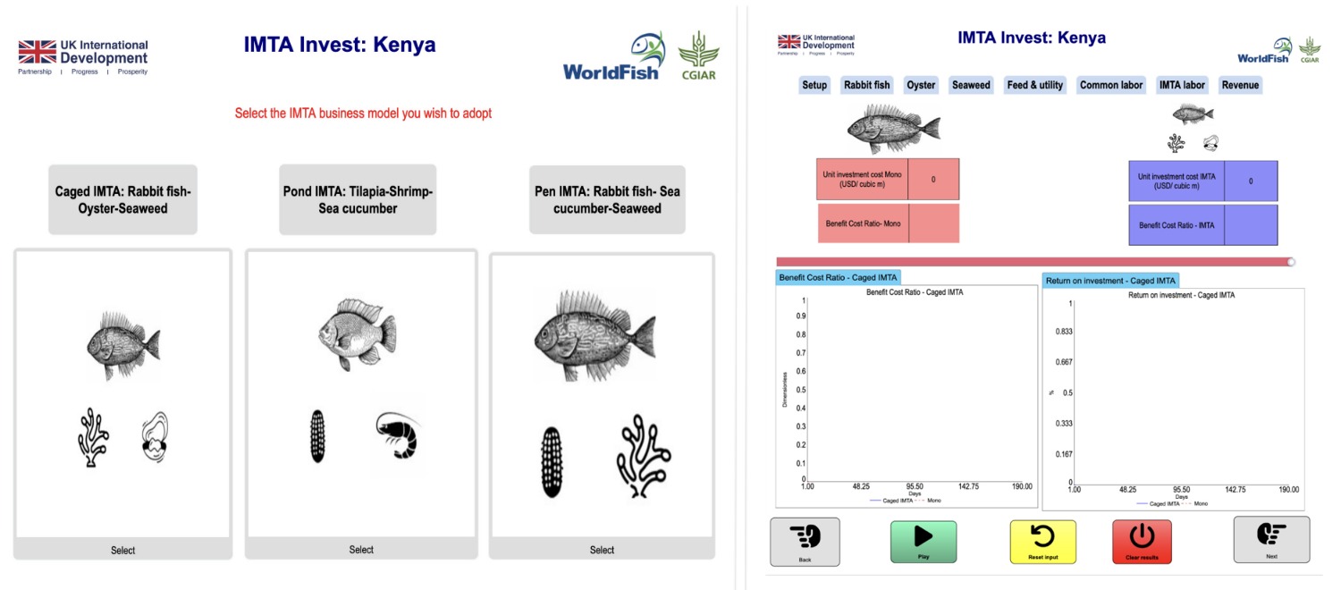 Example screens from the Kenya version of IMTA INVEST, showing business model selection and simulated investment outputs such as benefit cost ratio and return on investment.
