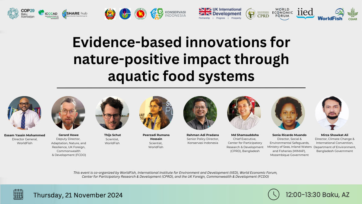 Side event on ‘Evidence-based innovations for nature-positive impact through aquatic food systems’ at COP29 in Baku, Azerbaijan. (Photo: Aniss Khalid/WorldFish.) 