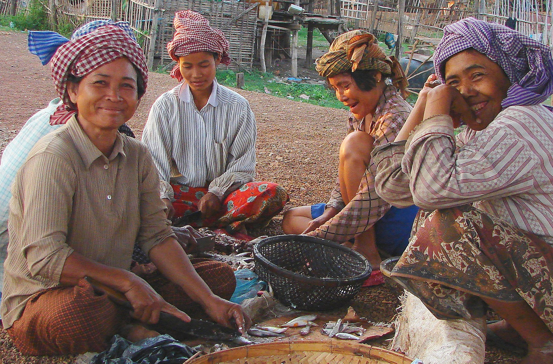 Women processing fish during the annual migration peak in the Tonle Sap River, Cambodia. Photo by Adelia Ribier.
