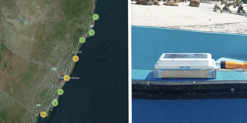 Left: 90 Position Data Systems (PDS) that have now been deployed along Kenya’s coast. Image: The Kenya Pelagic Data System dashboard. Right:PDS device. Photo: Japhet Tembo.