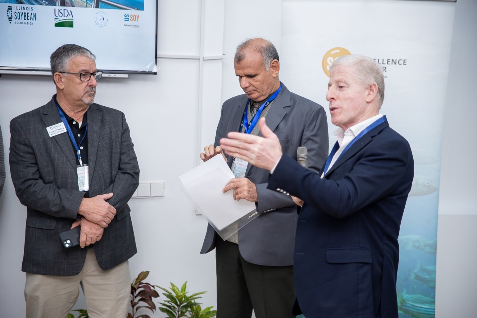 Mousa Wakileh and Steven Pitstick gave their remarks during the inauguration of the in-person training on feed additives and the use of nanotechnology in feed production at WorldFish’s Abbassa facility. Photo by WorldFish.