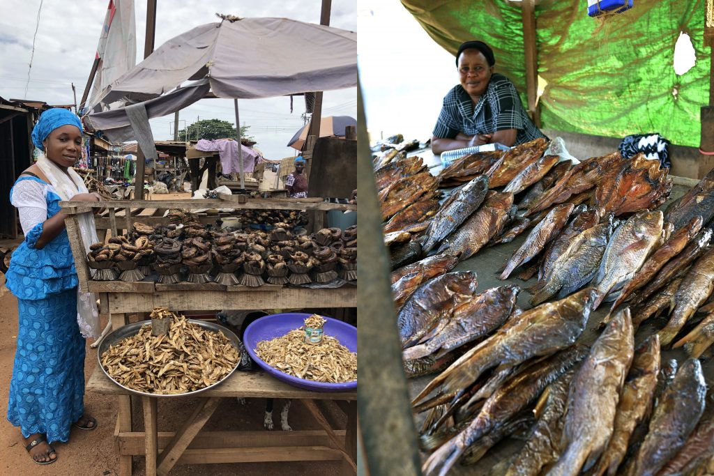 One of the dried fish vendors in the local town food market in Oyo State