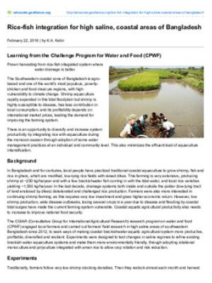 Rice-fish integration for high saline, coastal areas of Bangladesh: Learning from the Challenge Program for Water and Food (CPWF)