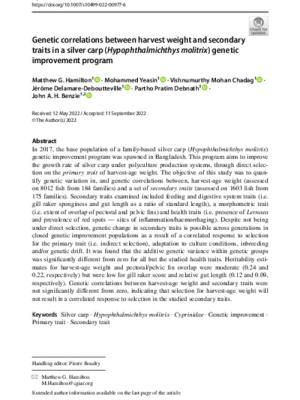 Genetic correlations between harvest weight and secondary traits in a silver carp (Hypophthalmichthys molitrix) genetic improvement program