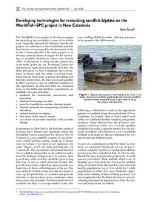 Developing technologies for restocking sandfish: Update on the WorldFish-SPC project in New Caledonia.