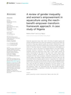 A review of gender inequality and women’s empowerment in aquaculture using the reach-benefit-empower-transform framework approach: A case study of Nigeria