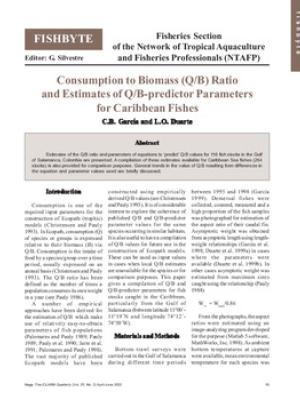 Consumption to biomass (Q/B) ratio and estimates of Q/B-predictor parameters for Caribbean fishes
