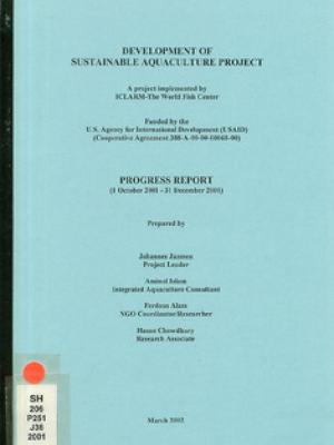Development of sustainable aquaculture project: progress report (1 October 2001 - 31 December 2001)