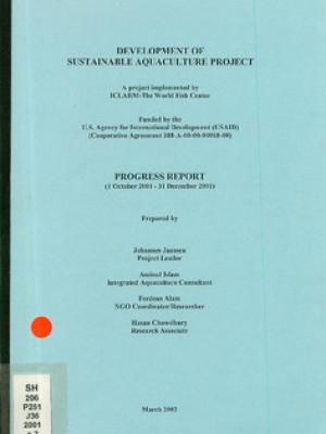 Development of sustainable aquaculture project: progress report (1 January 2002 - 31 March 2002)