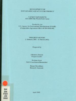 Development of sustainable aquaculture project: progress report (1 April 2002 - 30 June 2002)
