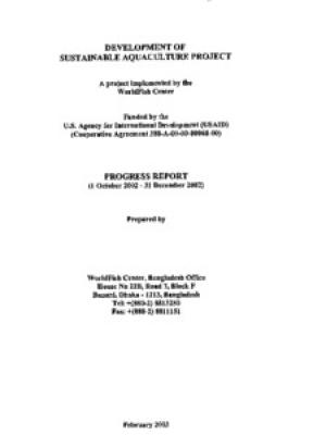 Development of sustainable aquaculture project: progress report (1 October 2002 - 31 December 2002)